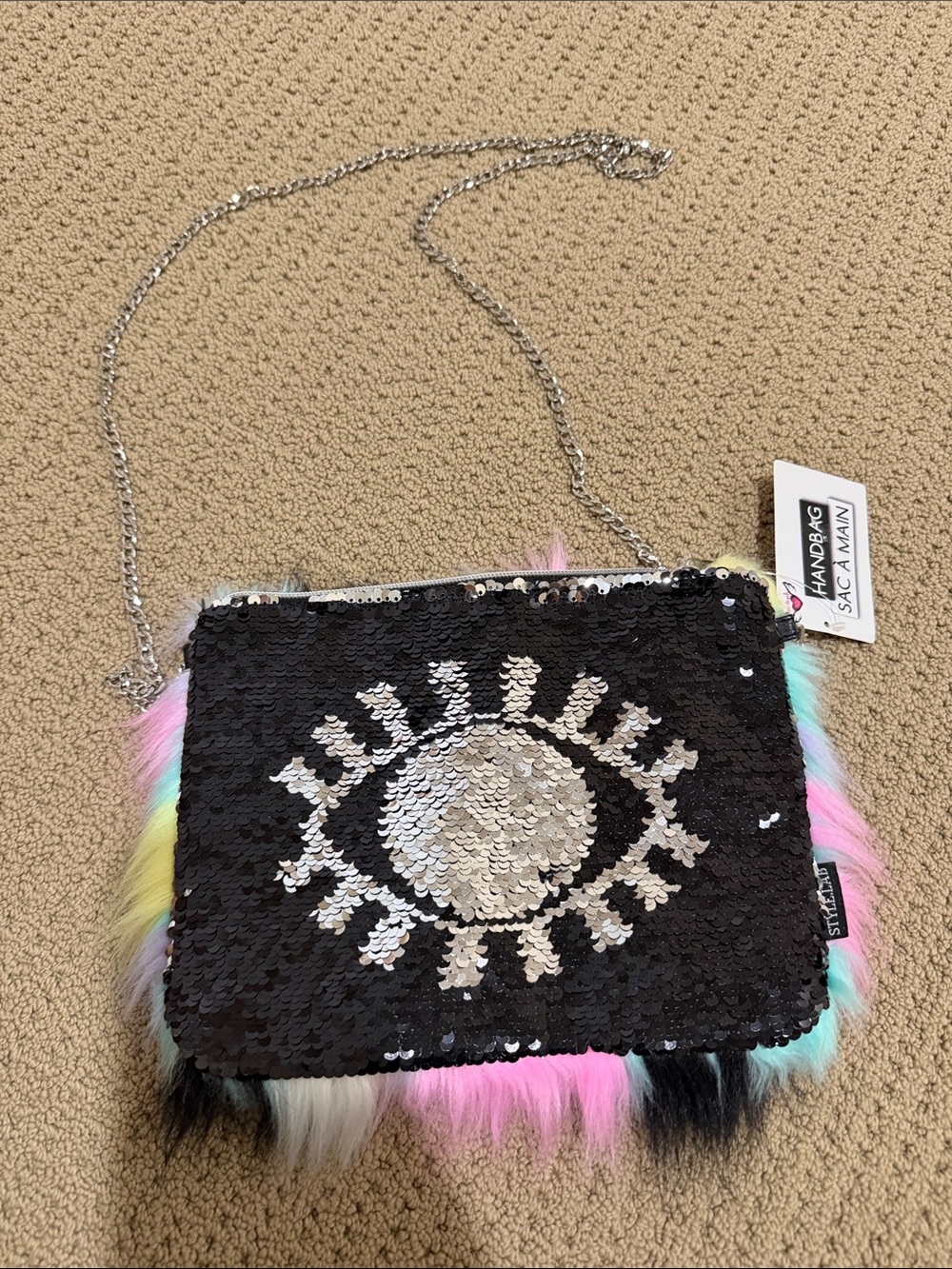 Girls Sequin Eye Crossbody Bag with Rainbow Fur Trim